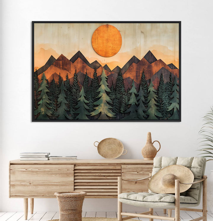 Sunset Mountain Landscape canvas wall art print featuring forest and wooden textures in green, brown, and orange.