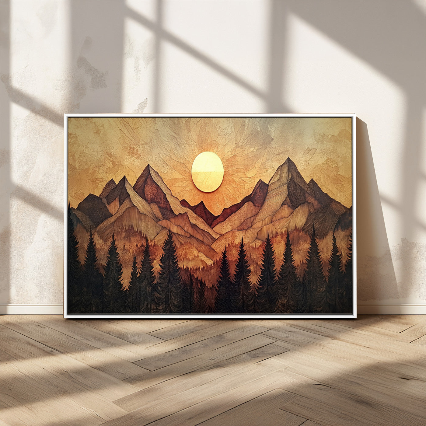 MGV-FC-36X24 - Wood Style Abstract Mountain Sunset Canvas Wall Art Print - Warm Earth Nature-Inspired Decor for