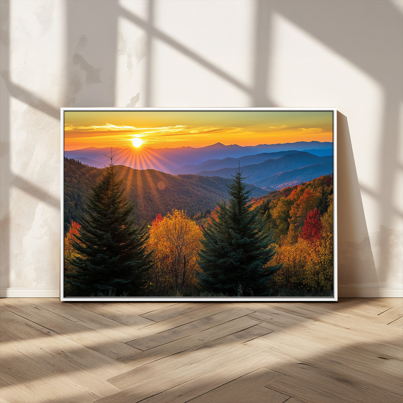 MGV-FC-36X24 - Golden Sunset Over Mountain Forest Canvas Wall Art Print - Warm Nature-Inspired Landscape for Living