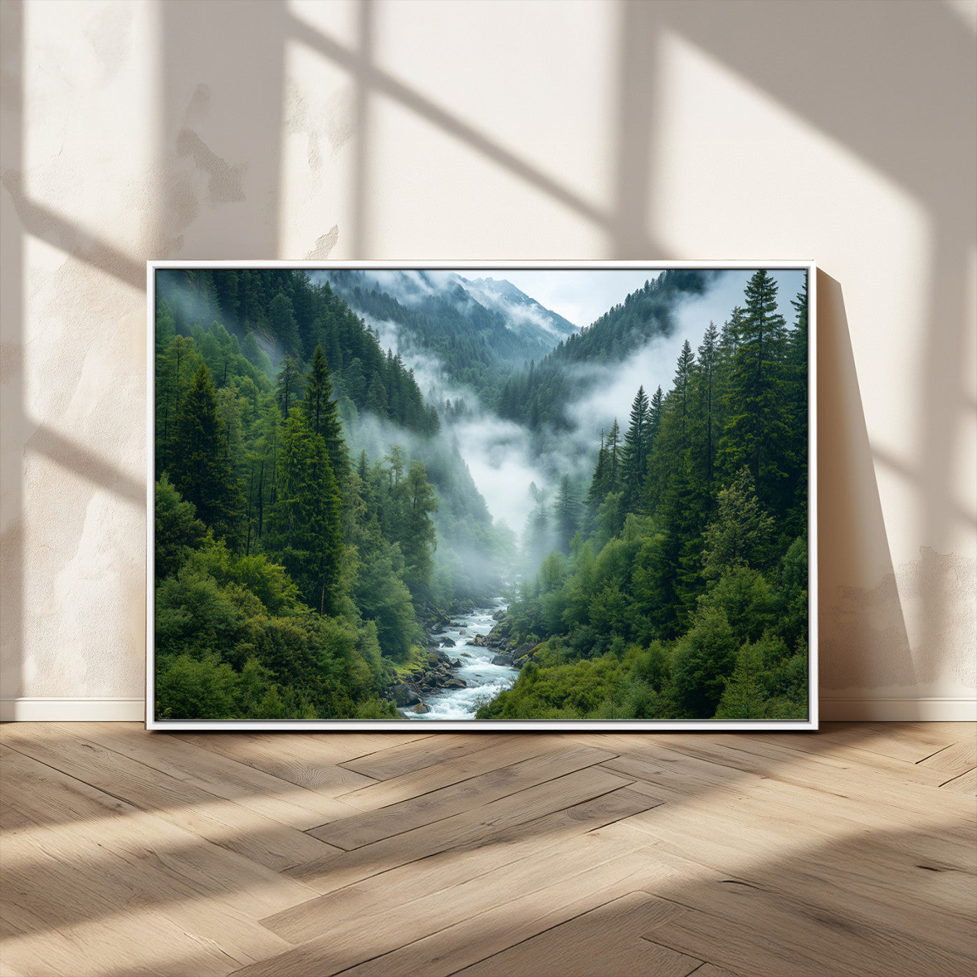 MGV-FC-36X24 - Mountain Forest River Canvas Wall Art Print - Serene Nature Landscape for Living Room, Office, or