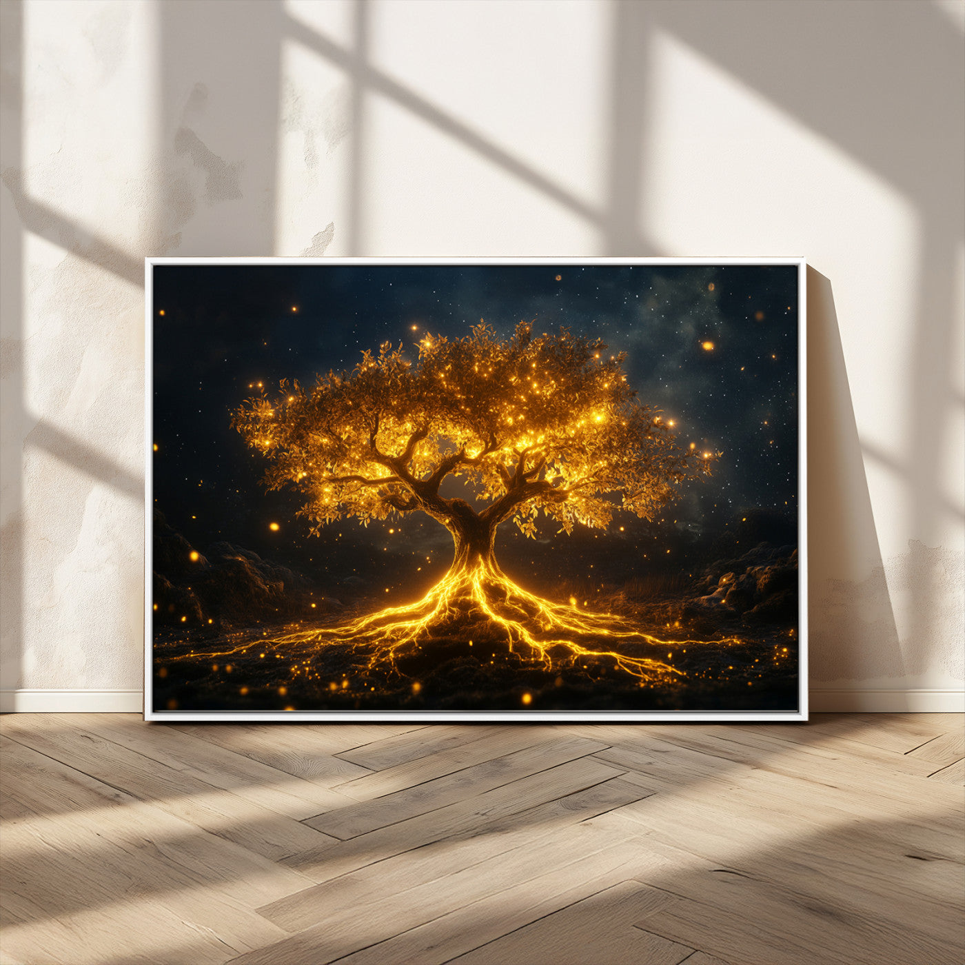 MGV-FC-36X24 - Golden Tree of Life Canvas Wall Art Print - Majestic Glowing Tree Design for Living Room, Office, or