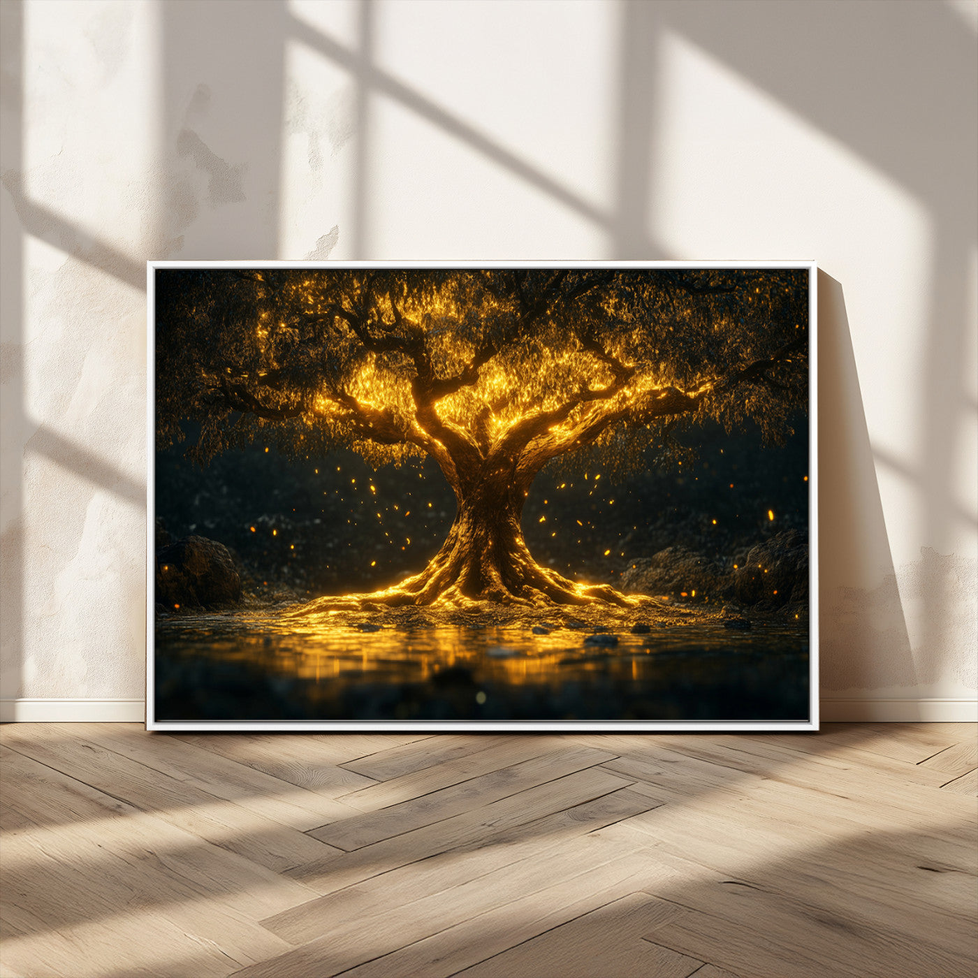 MGV-FC-36X24 - Golden Tree of Life Canvas Wall Art Print - Majestic Glowing Tree Wall Art Print