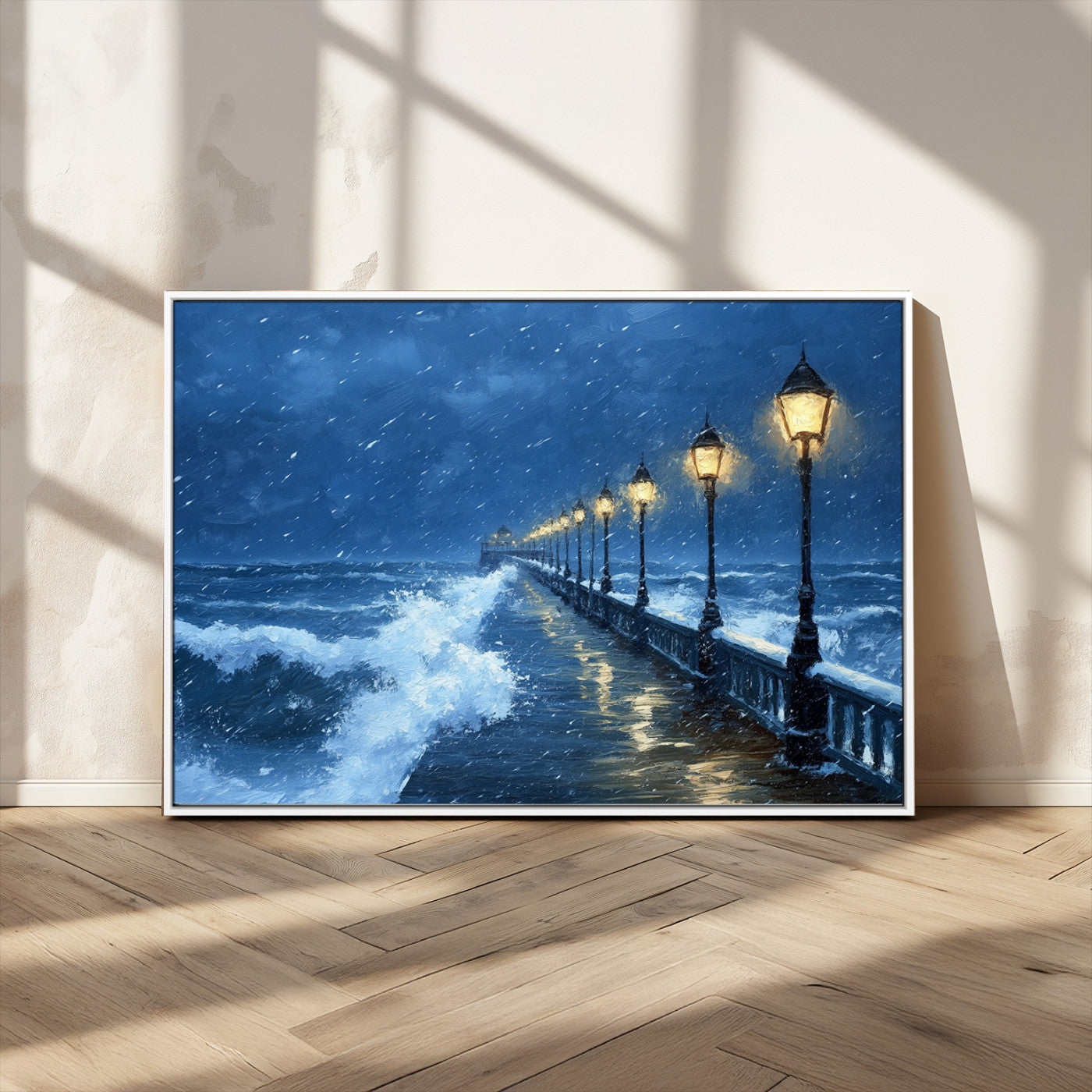 MGV-FC-36X24 - Stormy Ocean Pier Lights Canvas Wall Art Print - Large Moody Night Scene for Living Room, or Office,