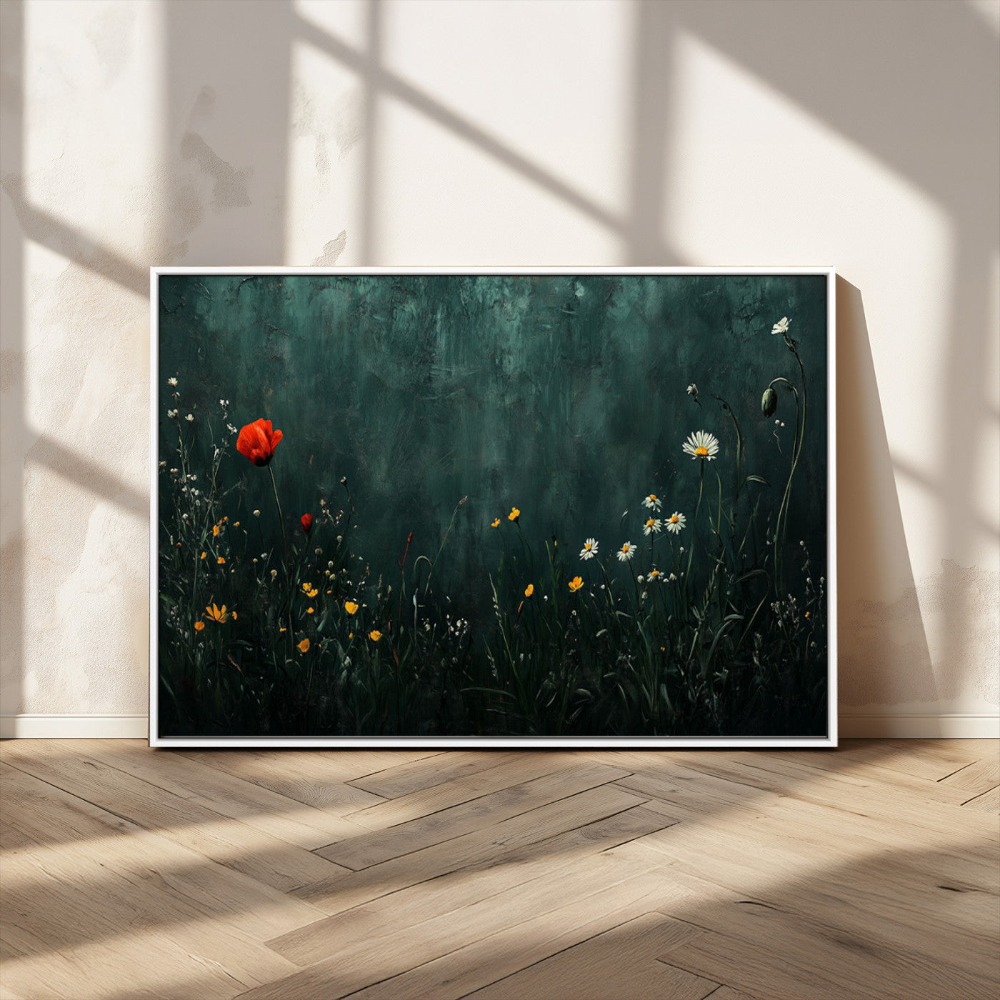 MGV-FC-36X24 - Wildflower Field Framed Wall Art, Vintage Botanical Landscape Sign, Botanical Wall Art, Modern
