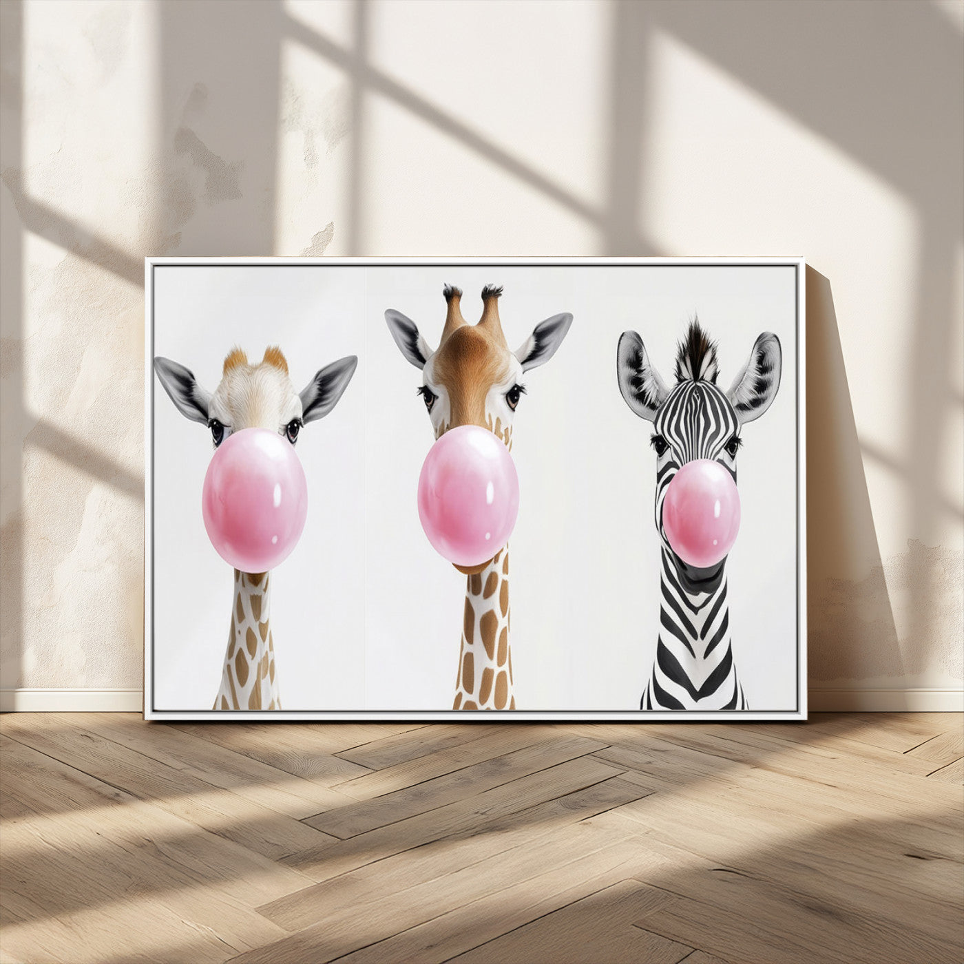MGV-FC-36X24 - Bubblegum Animals Canvas Wall Art - Playful Giraffe and Zebra Trio, Fun Nursery Decor for Kids'