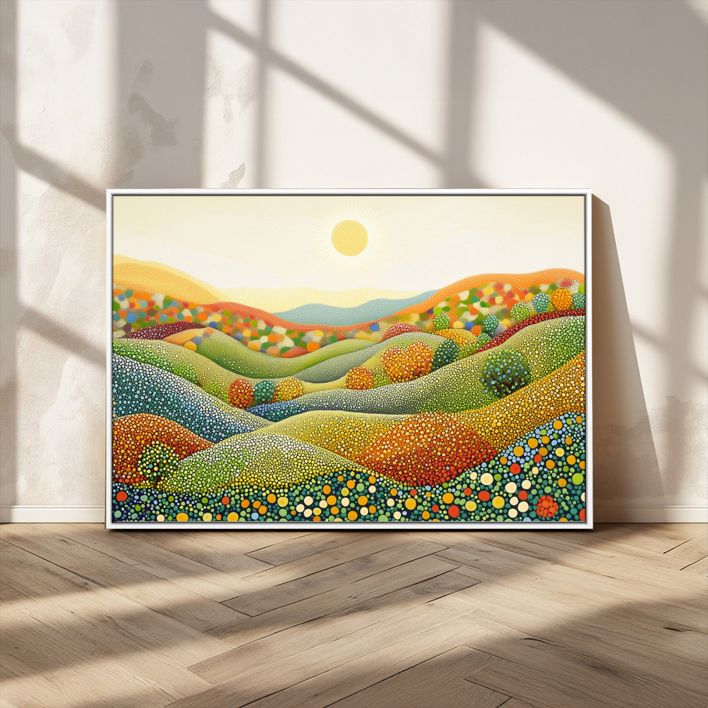 MGV-FC-36X24 - YAYOI KUSAMA Wall Art - Colorful Dot Art Landscape Canvas, Framed Japanese Dot Art