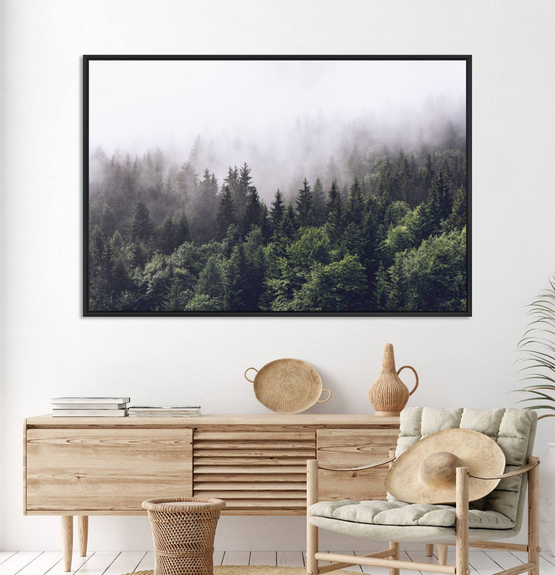 A serene triptych nature print featuring a misty forest, perfect as wall art.