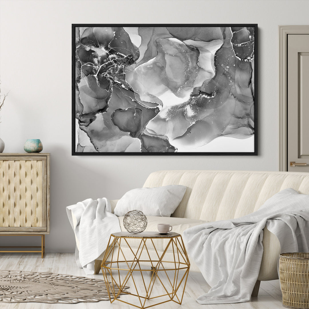 Black White Abstract Canvas Wall Art - Fluid Ink Artwork - Modern Luxury Wall Decor for Contemporary Interiors
