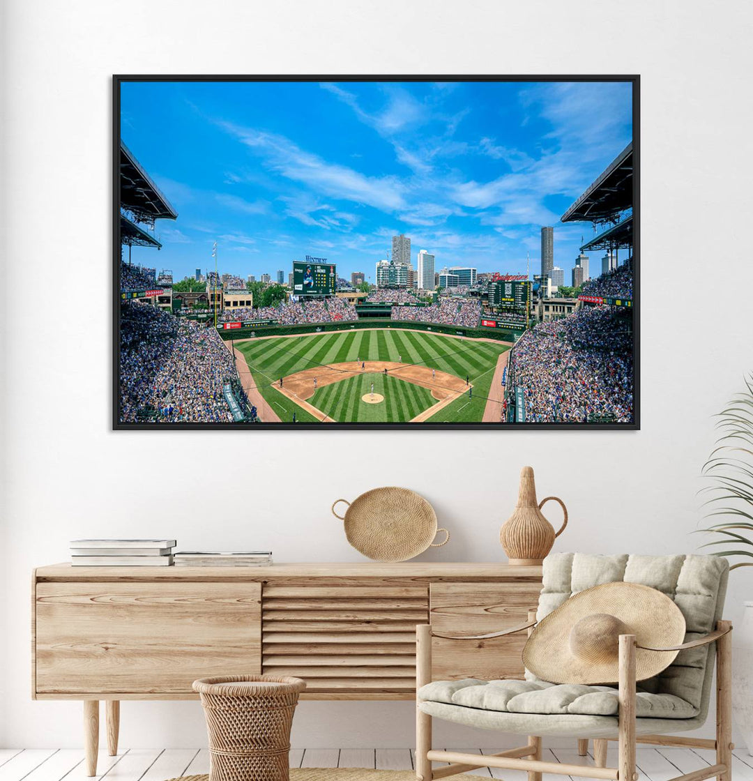 Panoramic view of Wrigley Field, ideal for the Wrigley Field Chicago Cubs Panoramic Canvas Wall Art - Ready to Hang.