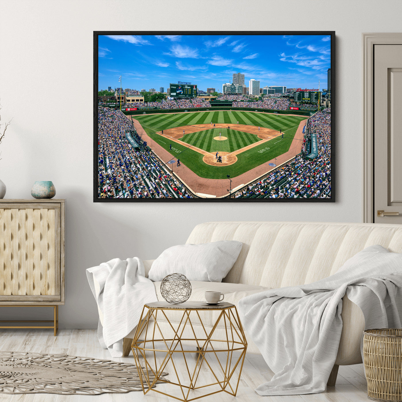 26064-MGV-CV-30X20-Framed Wrigley Field Chicago Cubs Print, Panoramic Multi Piece Canvas Wall Art - Iconic Baseball Stadium Print for Sports Lovers - Ready to