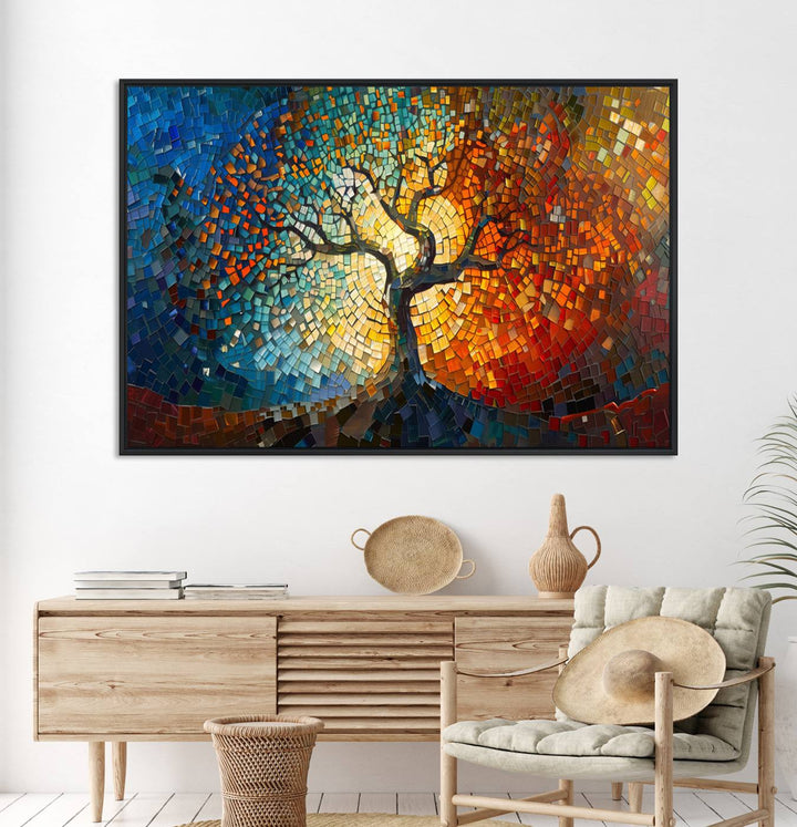 Mosaic Tree Canvas Wall Art: A stunning stained glass-inspired Tree of Life featuring blue and orange swirling patterns reminiscent of a sunburst.