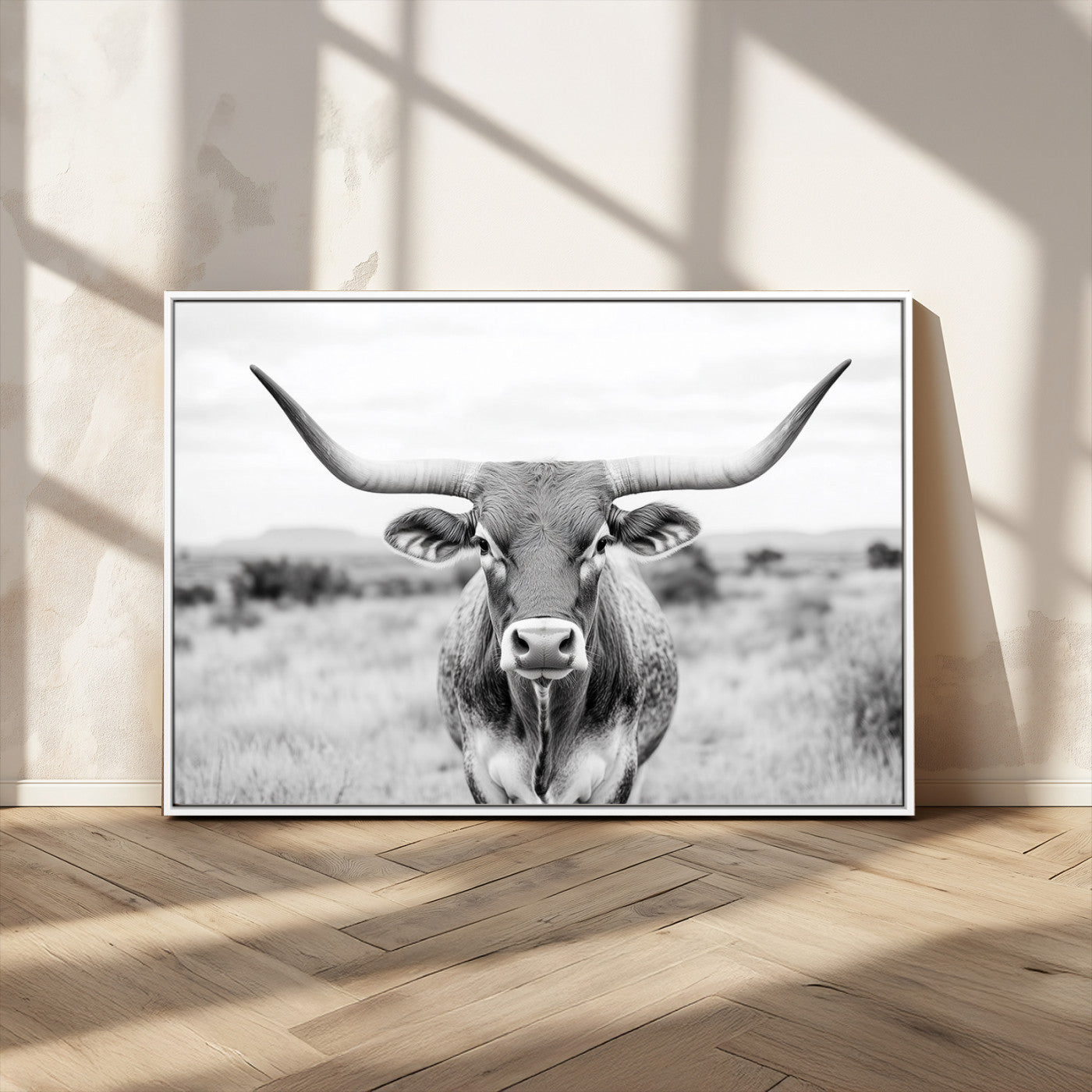 MGV-FC-36X24 - Highland Cow Wall Art Print - Black and White Texas Western Longhorn Canvas - Farmhouse Decor Print
