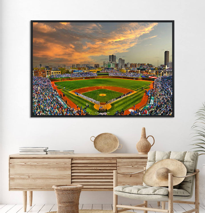 Aerial view of Wrigley Field at sunset against a vibrant sky, creating the perfect Chicago Wrigley Field Canvas Wall Art.