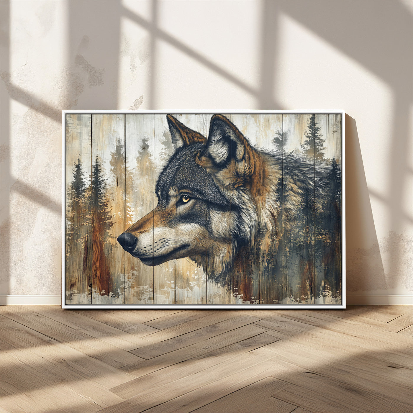 MGV-FC-36X24 - Rustic Wolf Wall Art Canvas Print, Vintage Woodland Wolf Wall Art