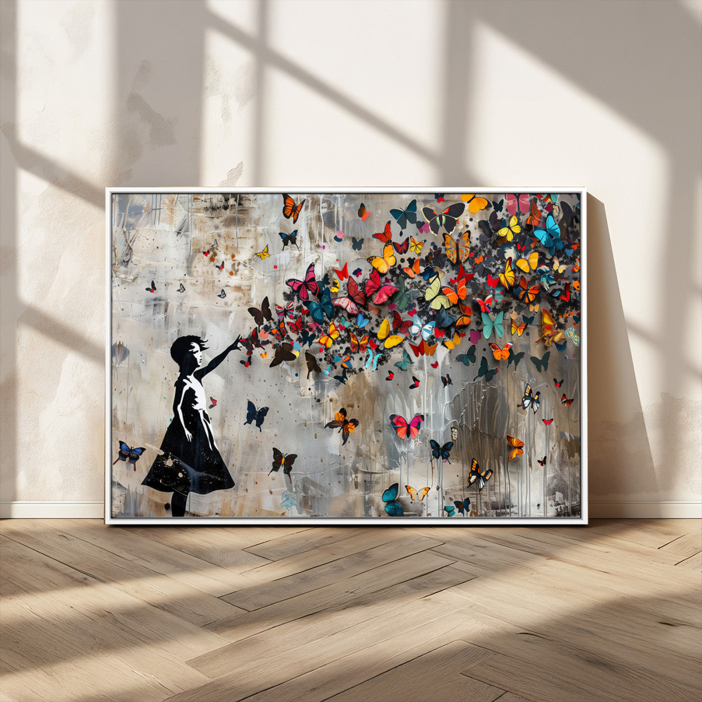 MGV-FC-36X24 - Framed Banksy Butterfly Girl Wall Art ,3-Piece Butterfly Girl Canvas, Modern Graffiti Canvas Print