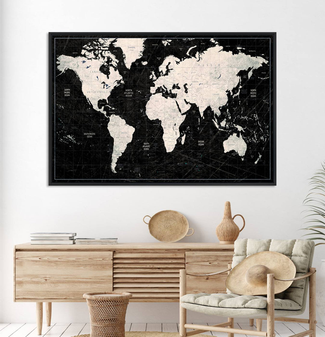 Framed Black and White World Map Canvas Print | 3-Panel Ready to Hang Wall Art for Modern Home Decor | Bold Global Style for Office Decor