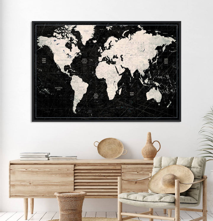 Framed Black and White World Map Canvas Print | 3-Panel Ready to Hang Wall Art for Modern Home Decor | Bold Global Style for Office Decor