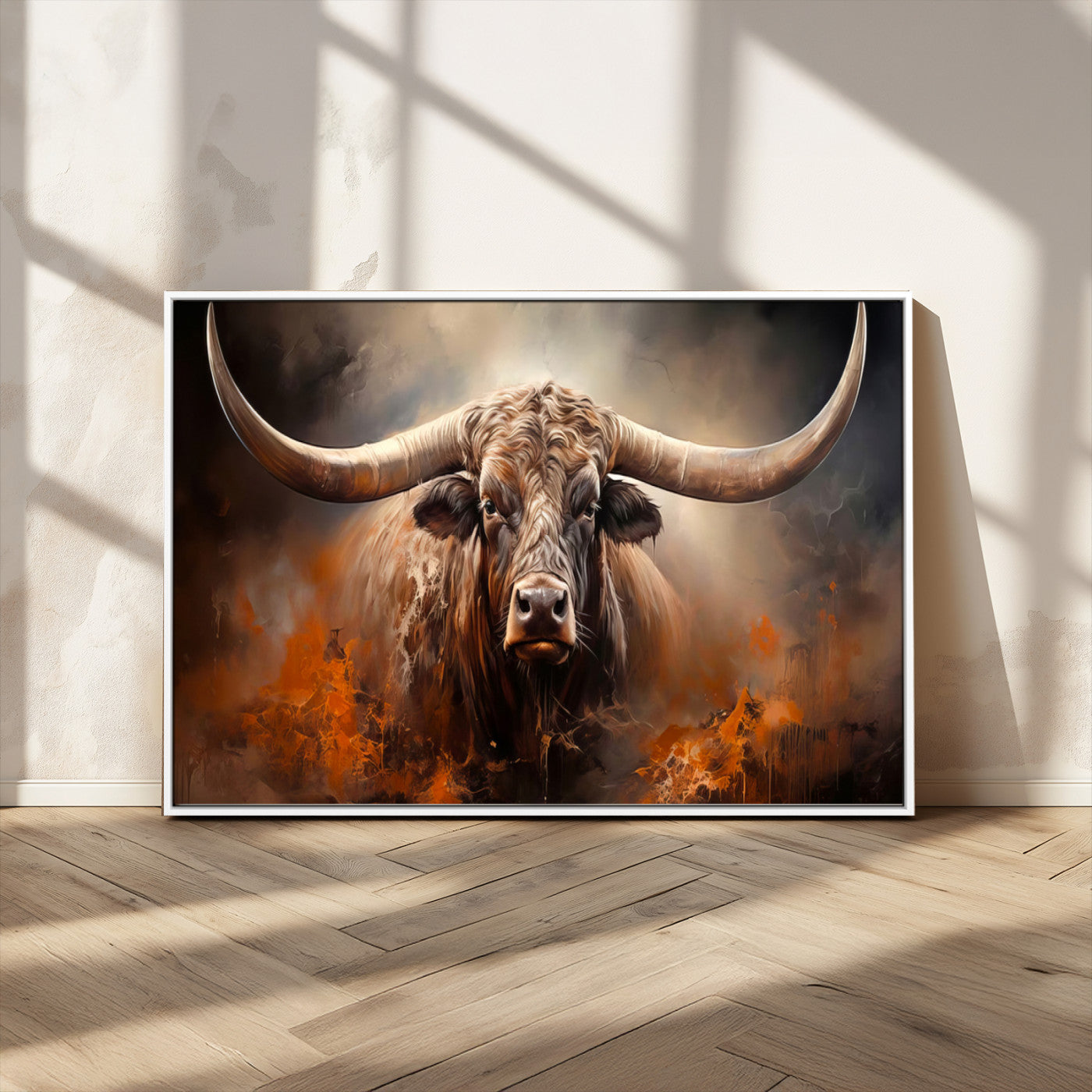 MGV-FC-36X24 - Highland Bull Canvas Abstract Canvas Wall Art Print – Powerful Highland Bull with Striking Horns in