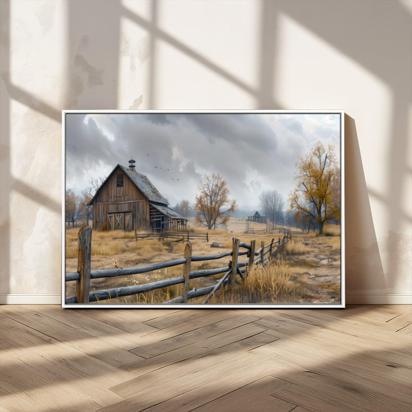 MGV-FC-36X24 - Rustic Autumn Farmhouse Wall Art Canvas Print – Serene Countryside Scene with Weathered Barn and