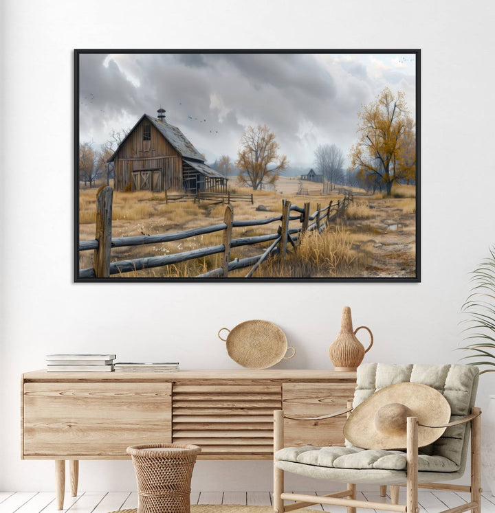 Rustic Autumn Farmhouse Wall Art – Weathered Barn & Trees Canvas Print, featuring a serene scene with birds in the sky. This piece is ready to hang.