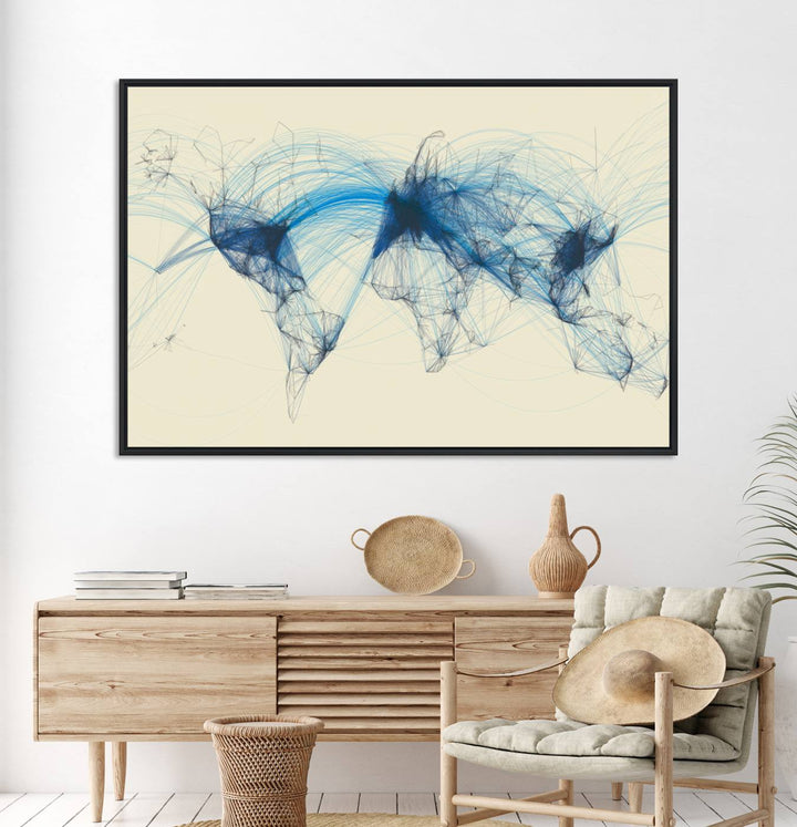 Flight Routes Map: Air Traffic Avi World Map featuring blue lines symbolizing global data. Ideal for home decor and ready to hang.