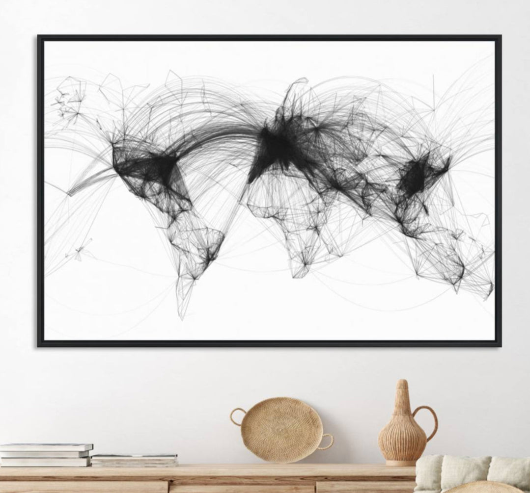 The Flight Routes Air Traffic canvas wall art, framed and ready to hang, is perfect for aviation enthusiasts.