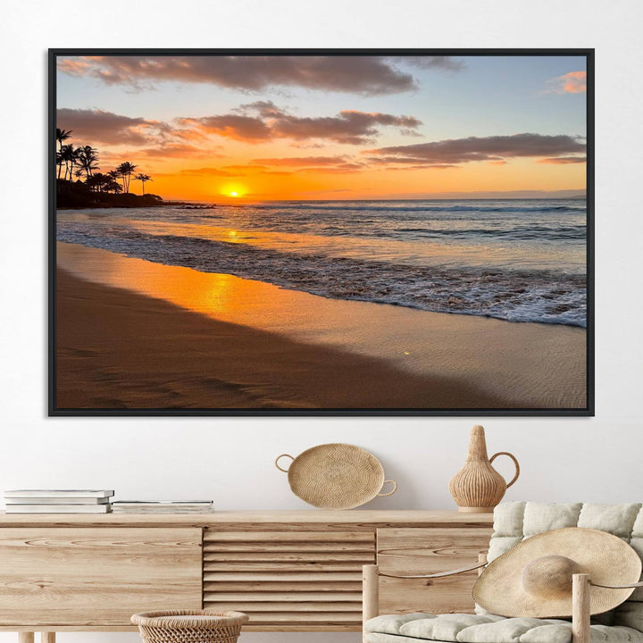 Sunset Wall Art Print featuring a beach sunset with waves and palms, perfect for coastal decor.