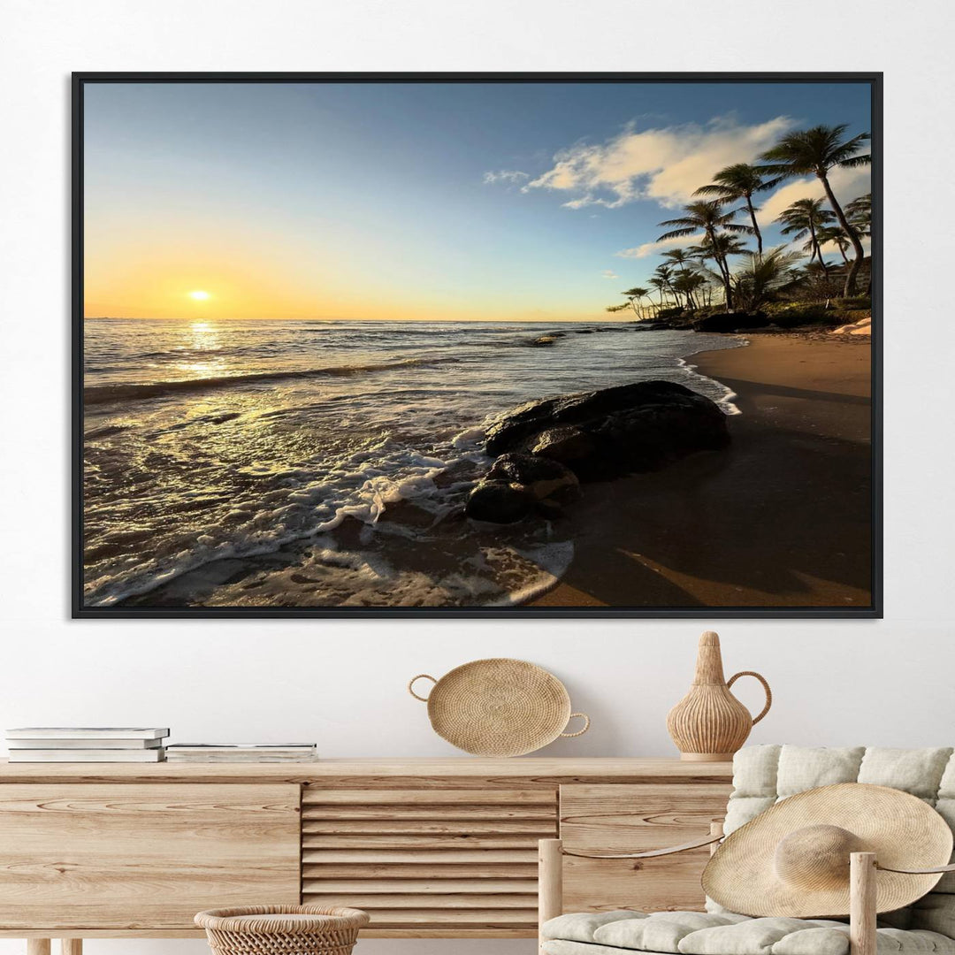 A serene tropical sunset on canvas, featuring palms and waves, serves as perfect Tropical Beach Wall Art for home or office decor.