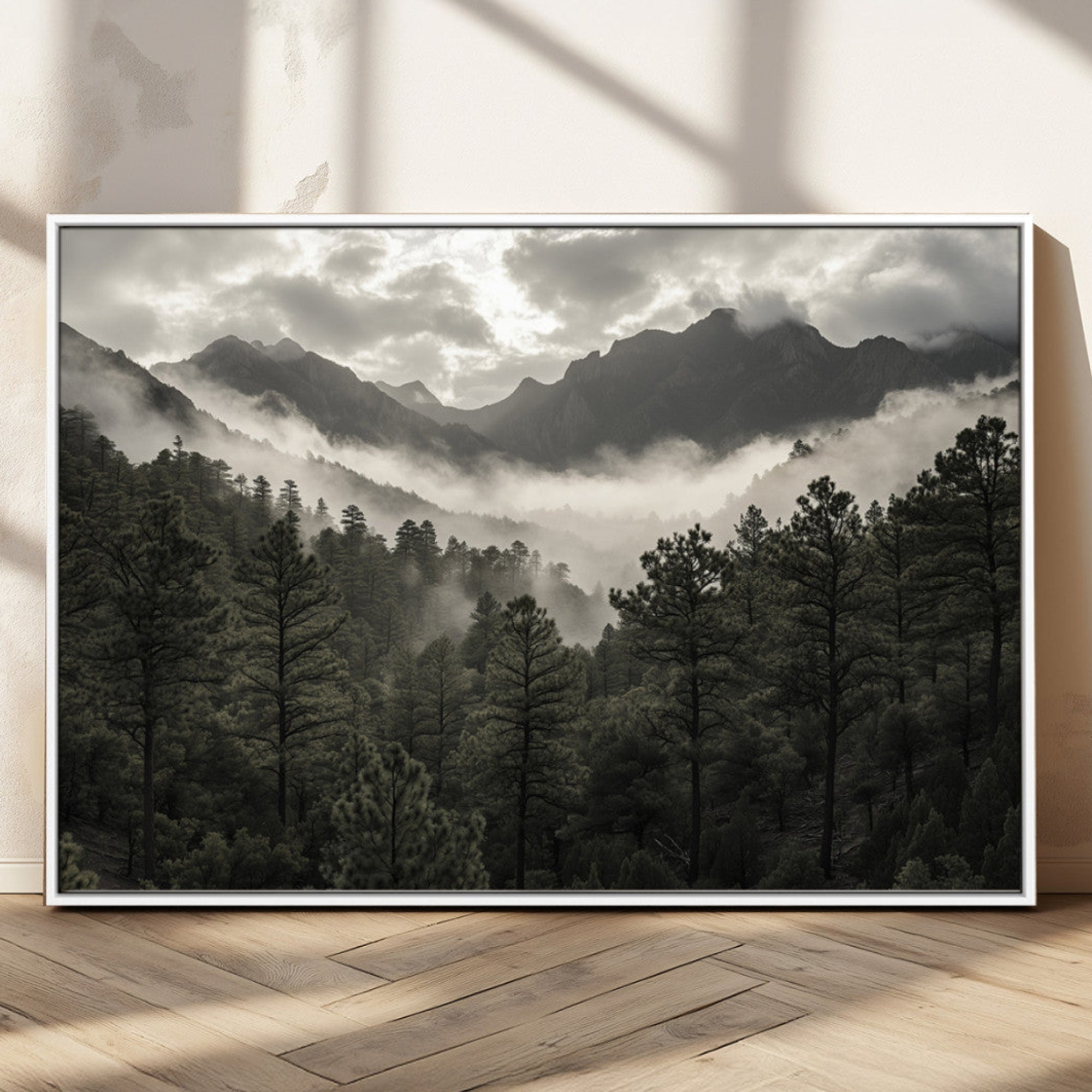 96173787-MGV-CV-36X24-Moody Forest Wall Art – Framed Mountain Fog Canvas Artwork, Misty Woodland Design, Tranquil Nature Decor for Home, Office