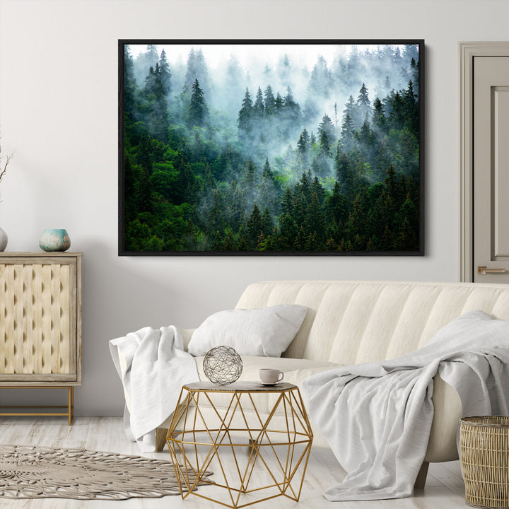 Misty Forest Art Wall Art Canvas Print, Foggy Mountain Art Print, Framed Scenic Wall Print Art Print, Large Woodland Canvas Printing Perfect