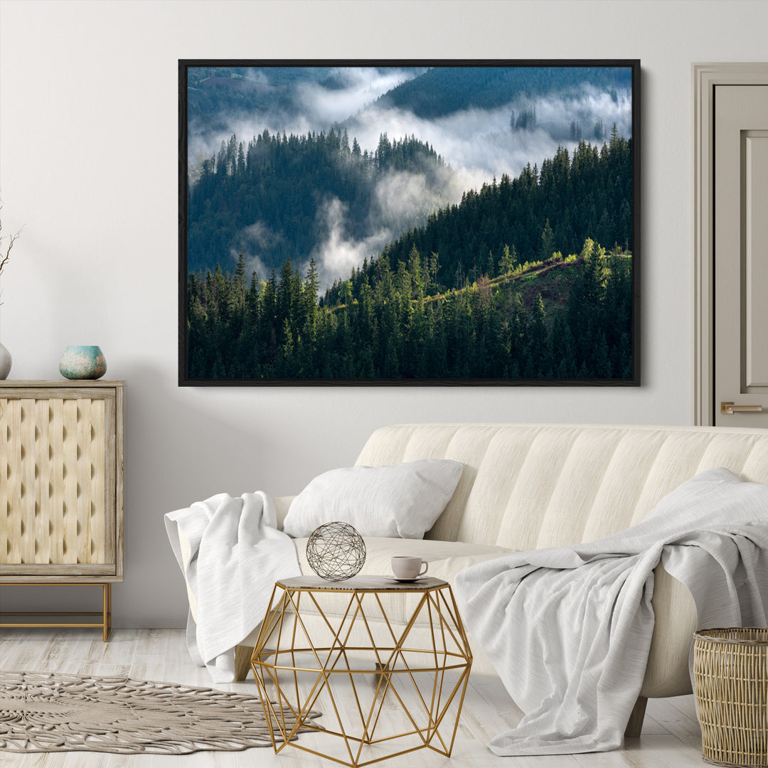Misty Forest Wall Art Canvas Print, Framed Pine Hills Art Picture Print, Moody Hills Perfect Moody Woodland Decor Artwork