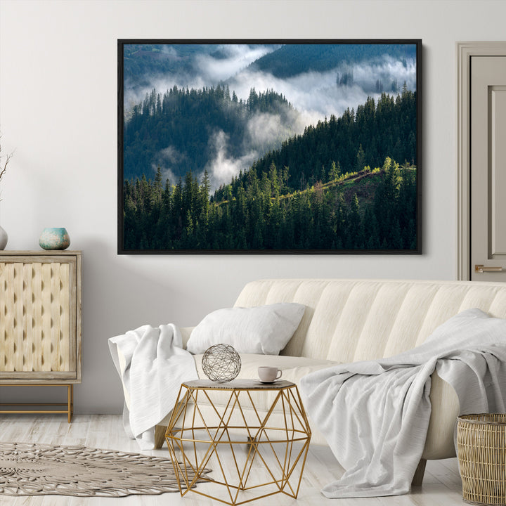 Misty Forest Wall Art Canvas Print, Framed Pine Hills Art Picture Print, Moody Hills Perfect Moody Woodland Decor Artwork