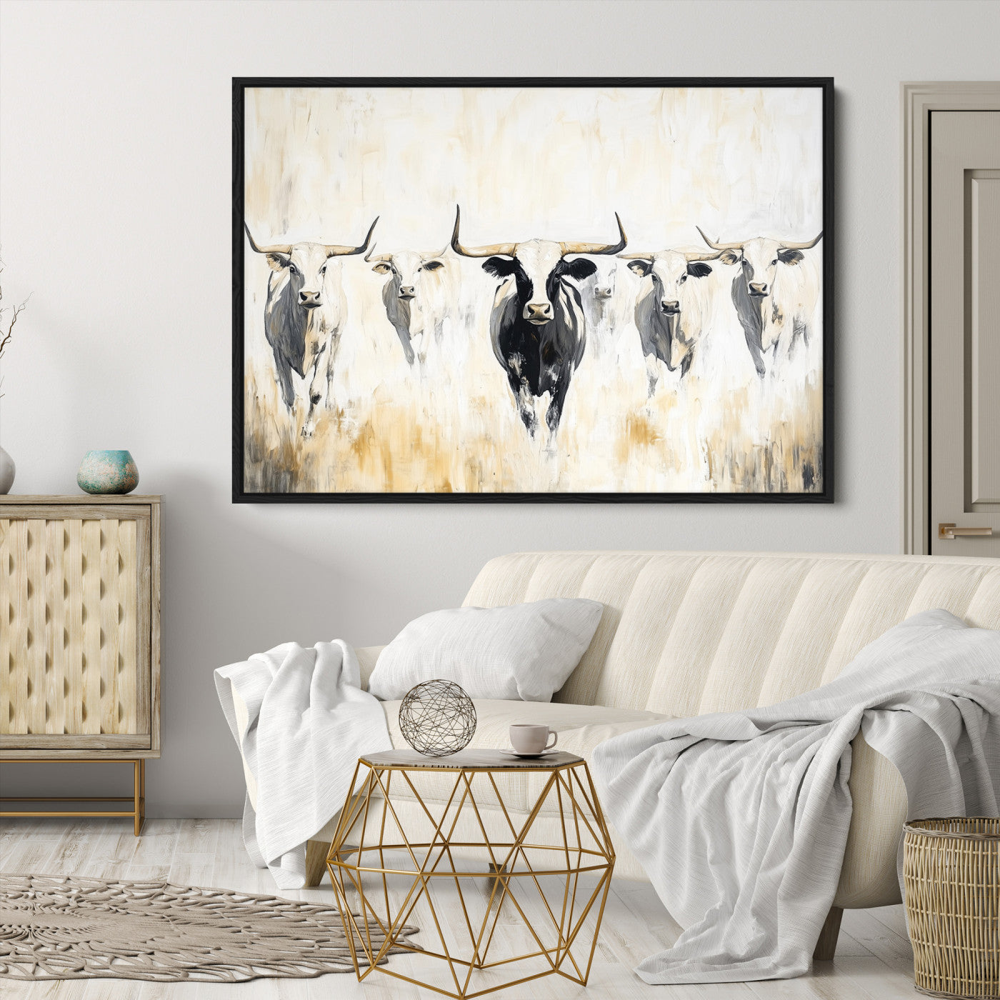 Texas Longhorn Canvas Print, Framed Rustic Herd Art Picture Print, Western Bull Perfect Neutral Western Decor