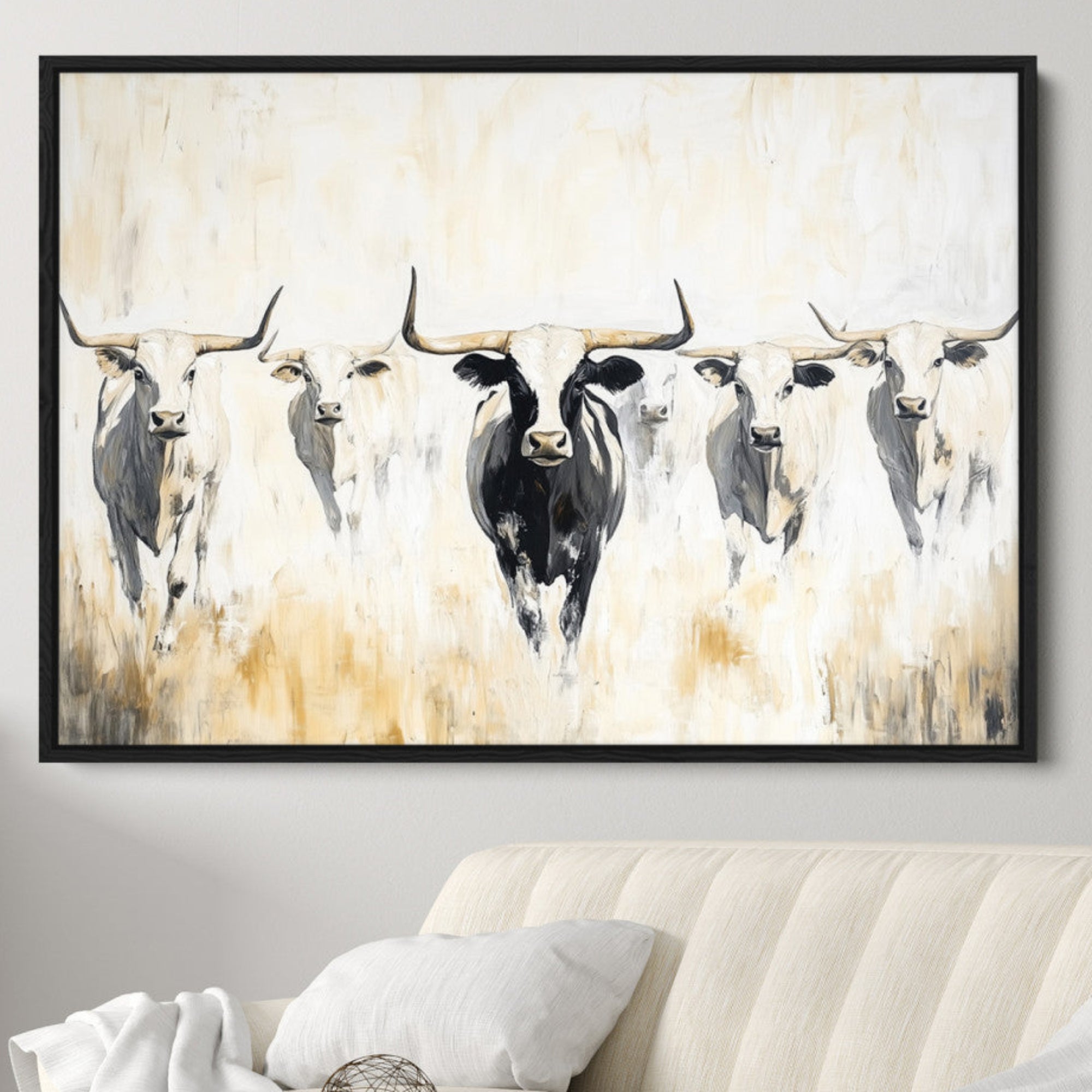 40397799-MGV-CV-36X24-Texas Longhorn Wall Art Canvas Print – Rustic Western Bull Herd Neutral Tones Country Ranch Artwork for Home Office