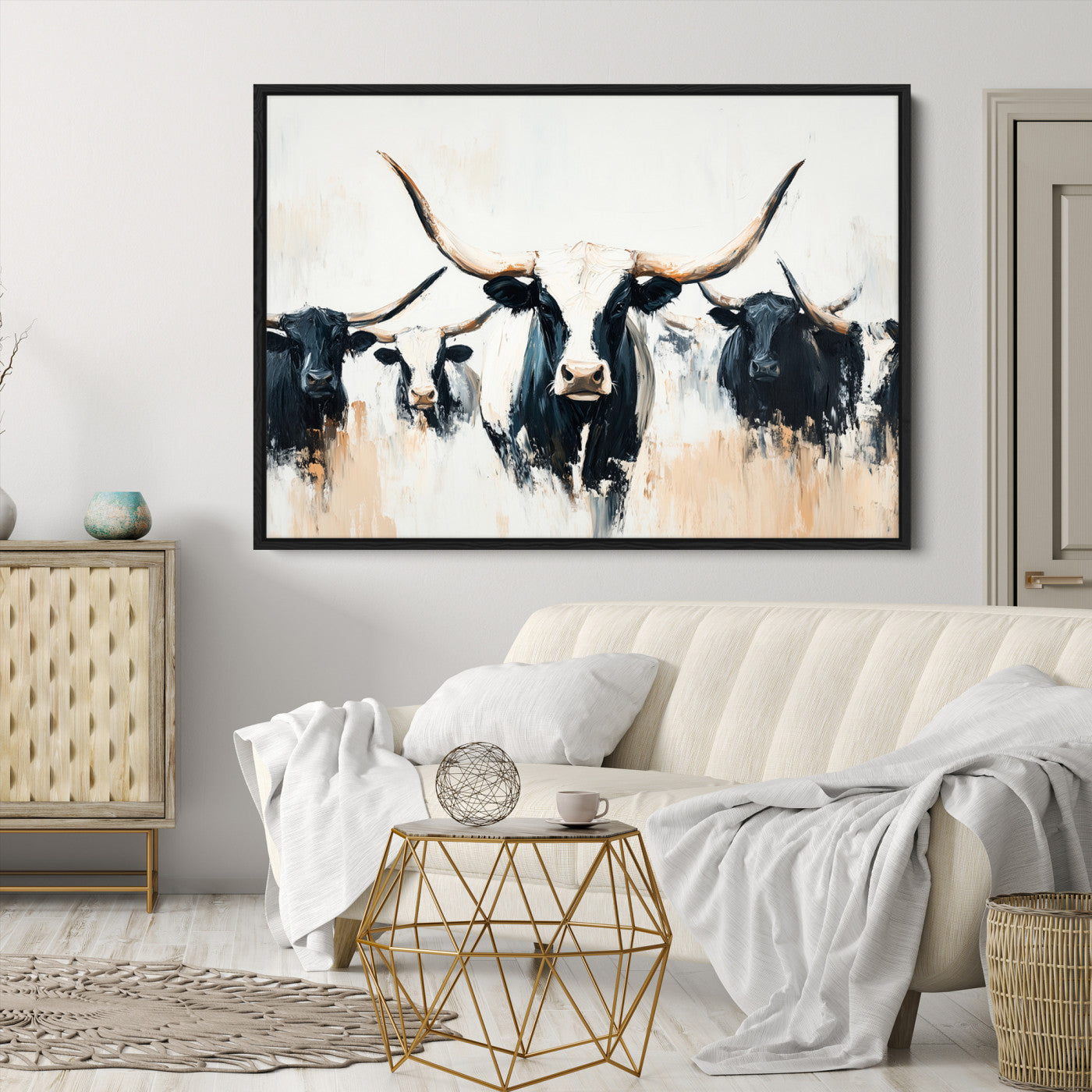 Texas Longhorn Wall Art Canvas Print, Framed Western Cattle Art Picture Print, Horned Bull Perfect Rustic Western Decor, Western Cattle