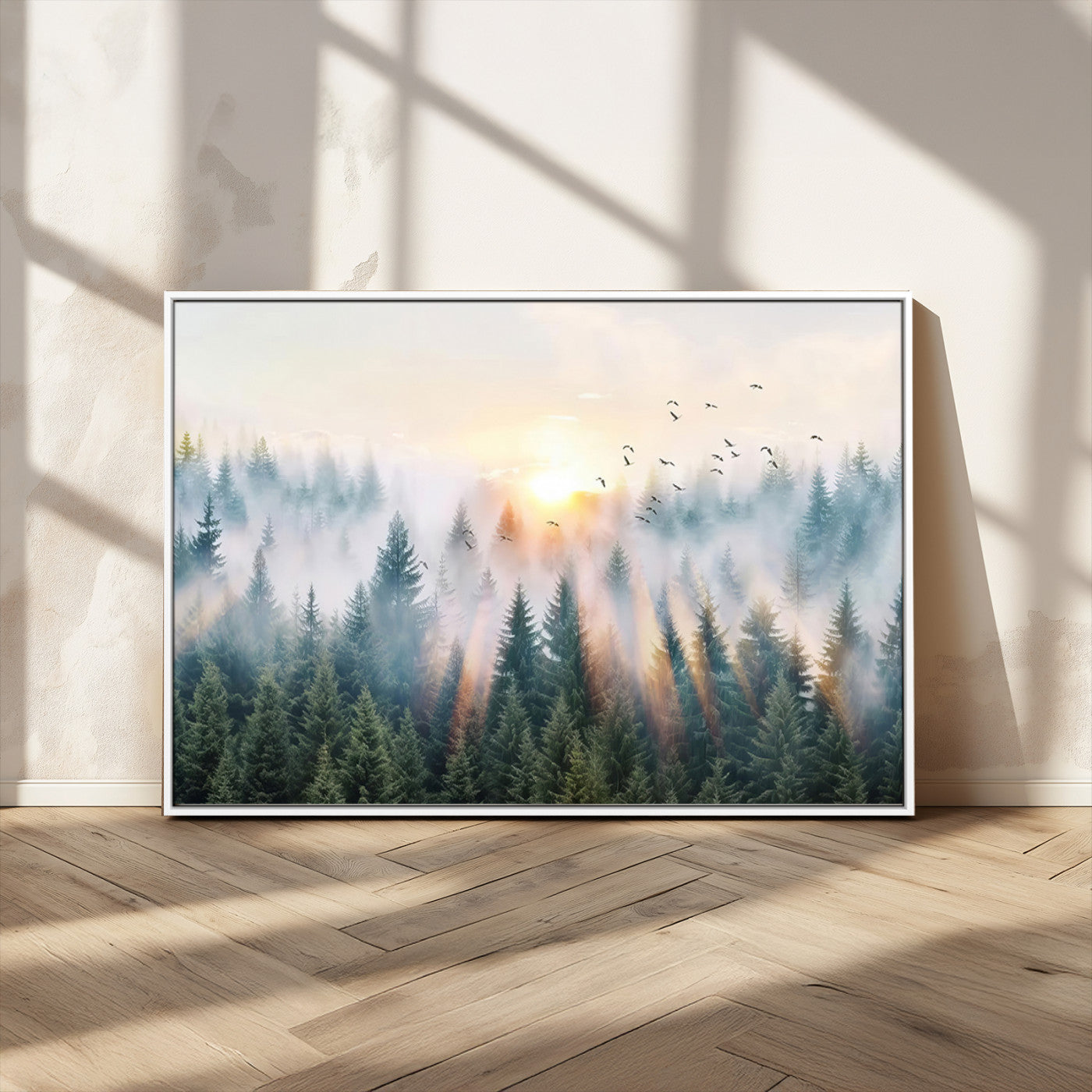 MGV-FC-36X24 - Misty Pine Forest Wall Art Canvas, Sunrise Over Foggy Trees Canvas for Home - Office, Framed