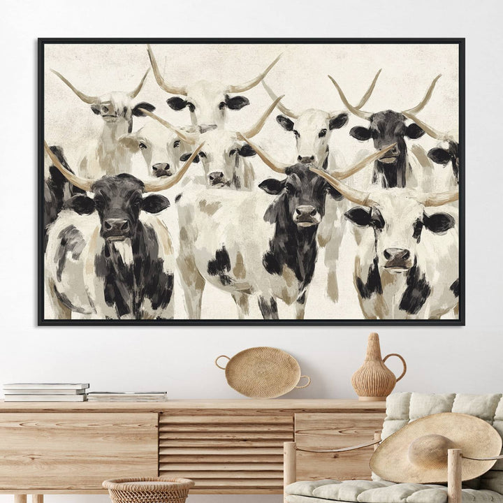 Canvas print titled Longhorn Texas Cow Drawing, depicting longhorn cattle with black and white markings, made in the USA, displayed on the wall.