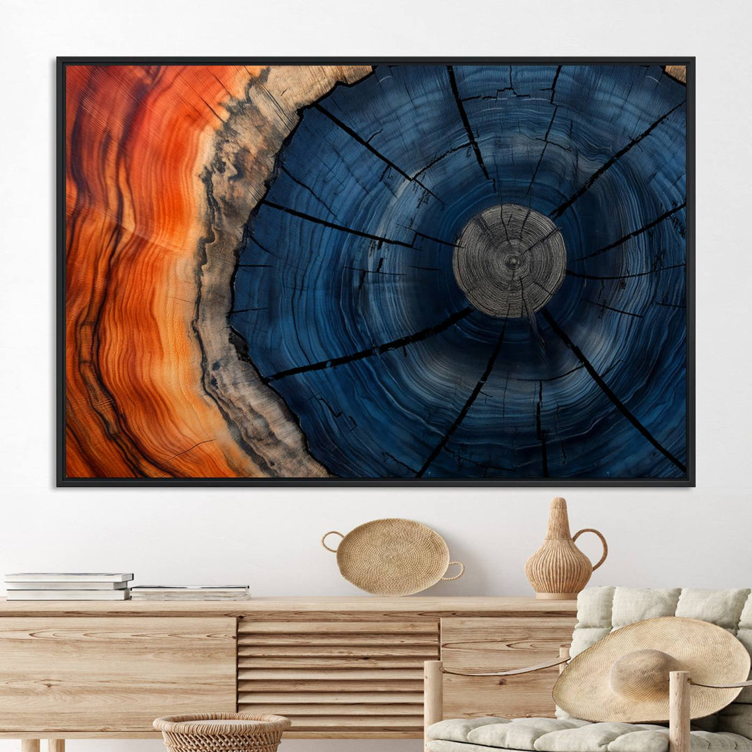 Abstract Tree Rings Canvas Print with vibrant colors—ideal farmhouse wall art for a woodland-themed home.