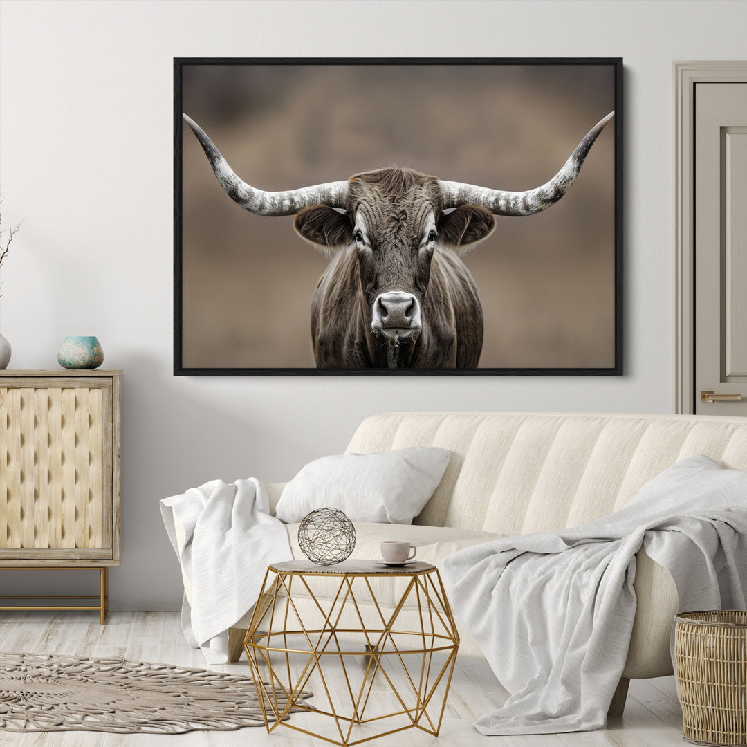 The Framed Texas Longhorn Bull Art Canvas Print adds timeless elegance to the serene setting.