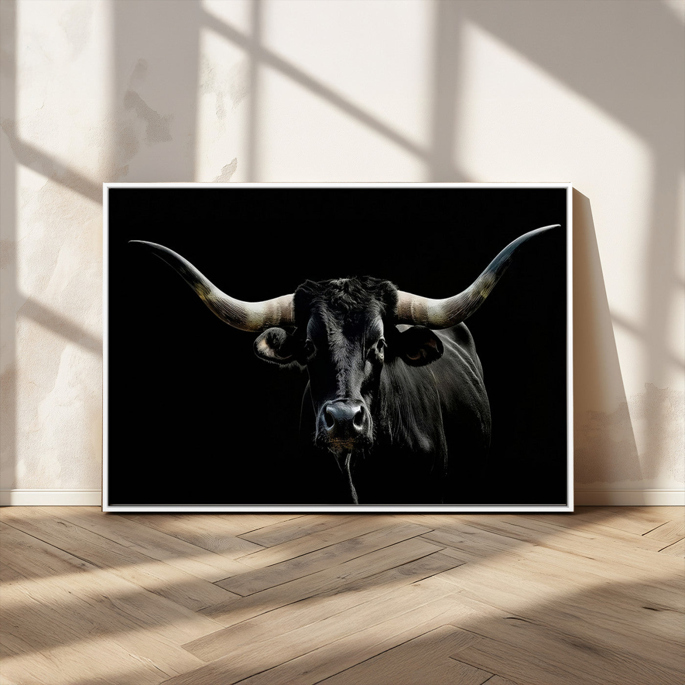 MGV-FC-36X24 - Texas Black Bull Wall Art Print, Longhorn Bull Canvas Wall Art