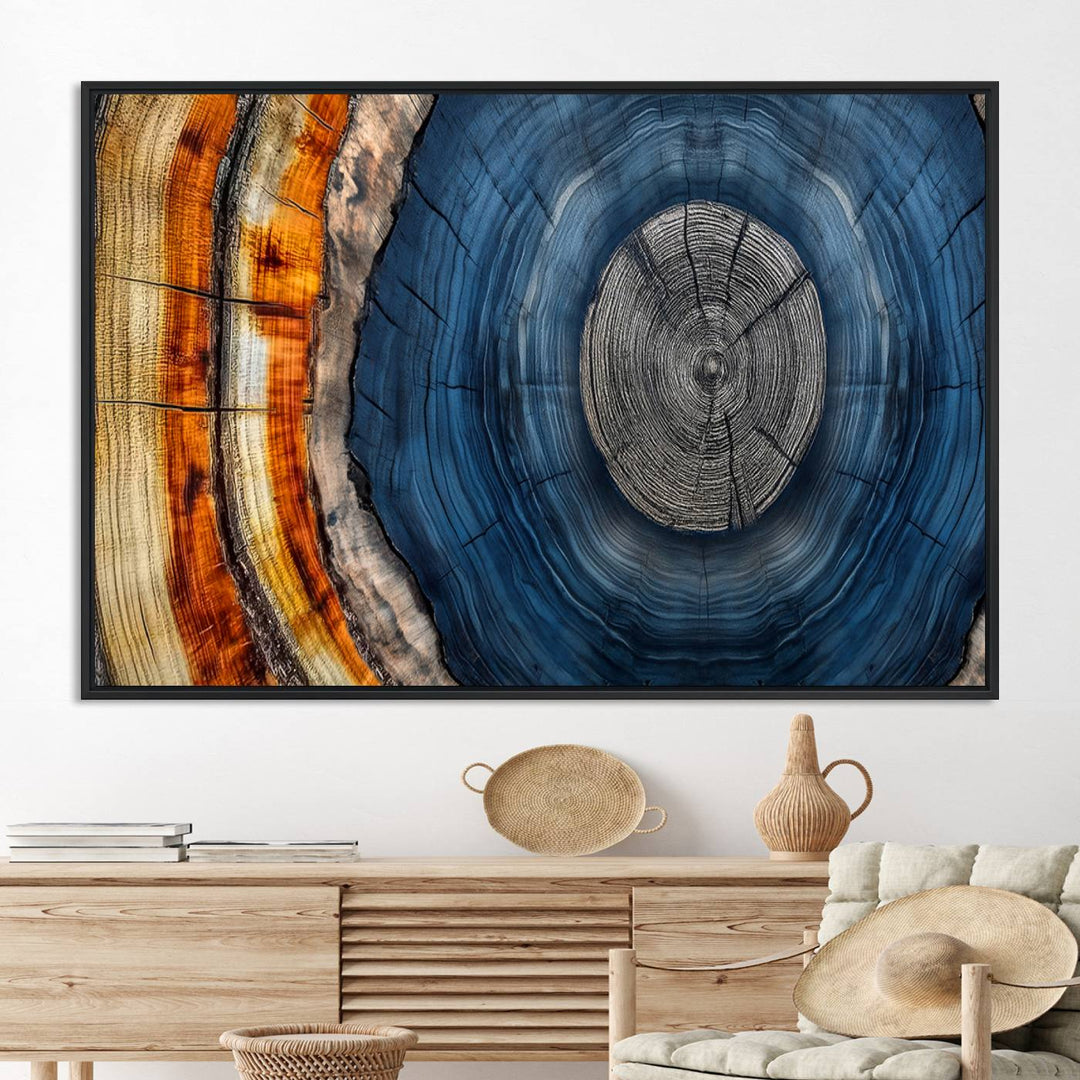 Vibrant Abstract Tree Rings in Orange, Brown, and Blue - Canvas Print for Nature Woodland Wall Decor.