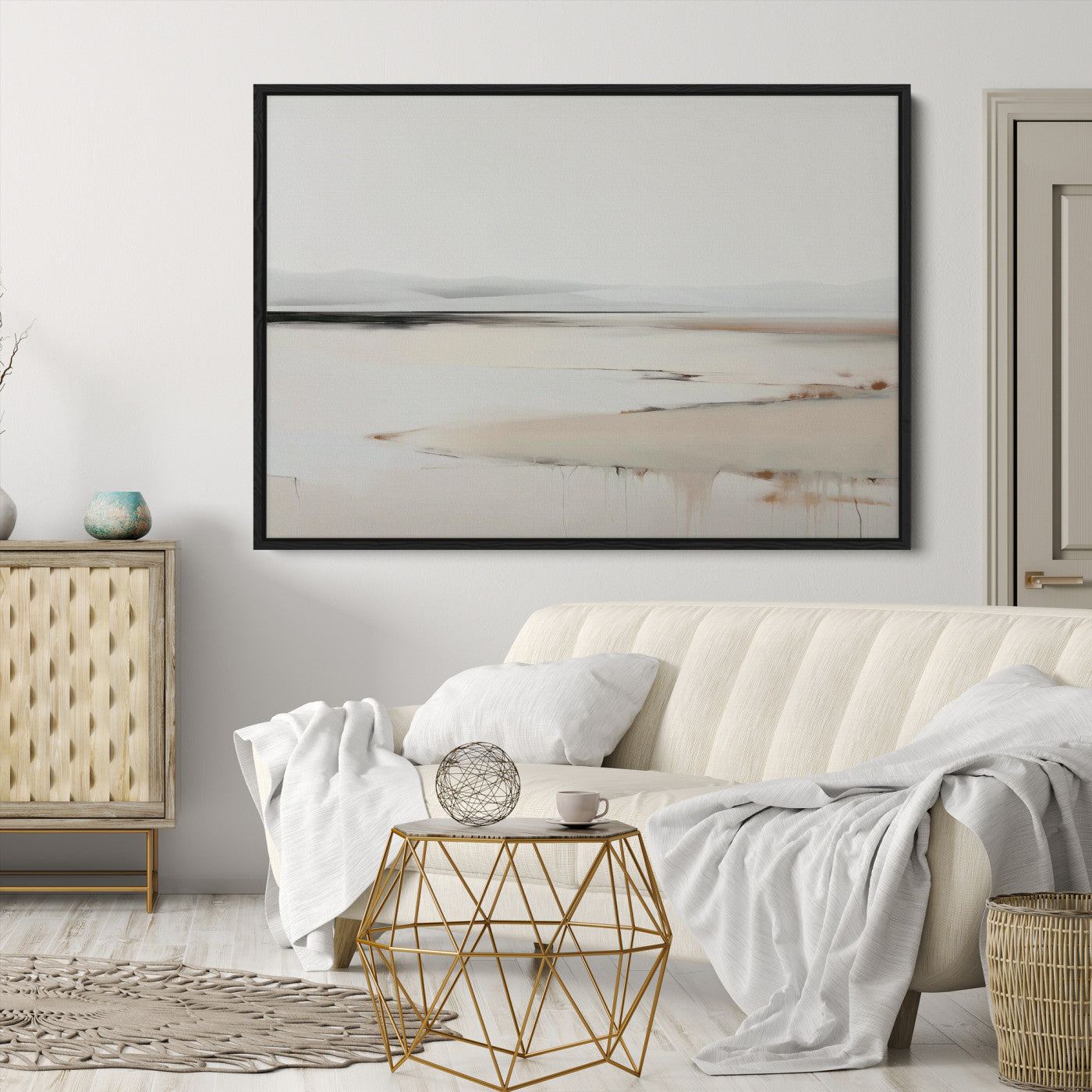 Minimalist Landscape Wall Art Canvas Print, Framed Soft Horizon Art Picture Print, Abstract Seascape Perfect Minimalist Earthy Decor, Framed