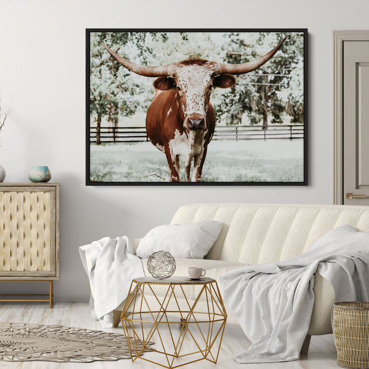 Texas Longhorn Wall Art Canvas Print, Framed Spotted Cow Art Picture Print, Horned Cattle Perfect Rustic Western Decor, Framed Horned Cattle Print