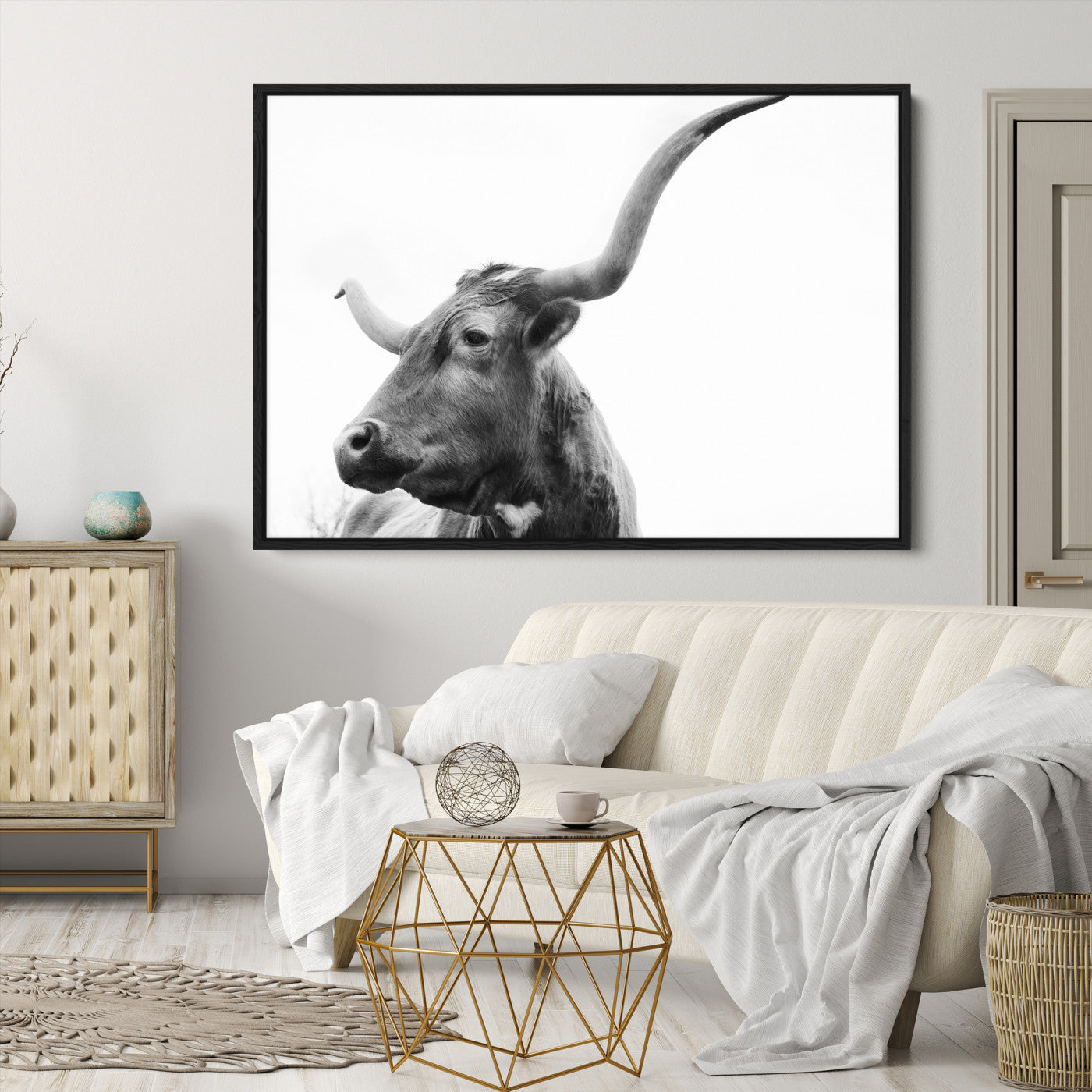 64392617-MGV-CV-36X24-Longhorn Wall Art Wall Art Canvas Print, Framed Modern Ranch Style Art Art Picture Print, Monochrome Cow Print Perfect Rustic Western Decor