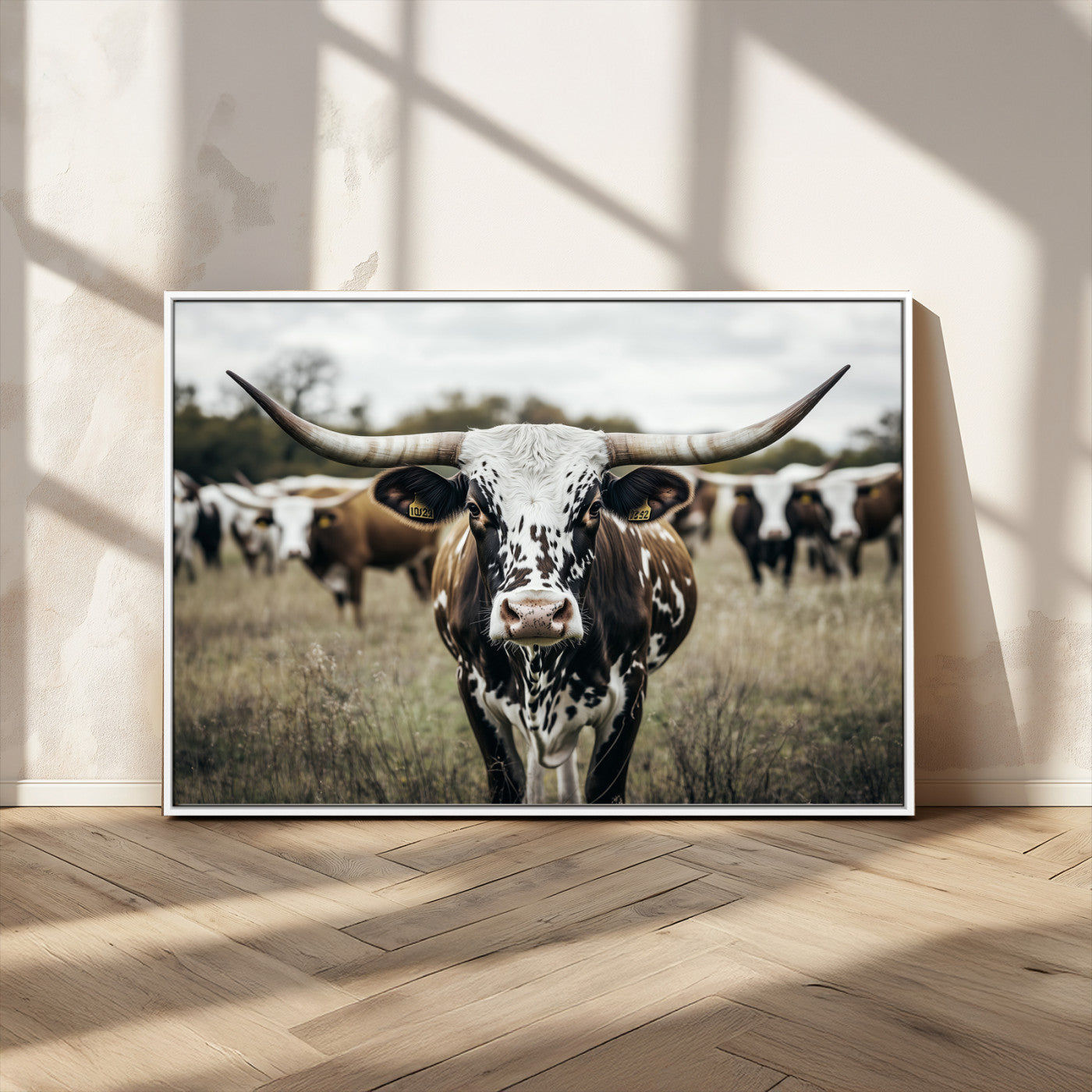 MGV-FC-36X24 - Majestic Longhorn Cow Wall Art – Canvas Print of Intricate Fur & Sharp Horns Earthy Tones Serene Landscape, Rustic Charm Decor for Living Room, Office or Bedroom