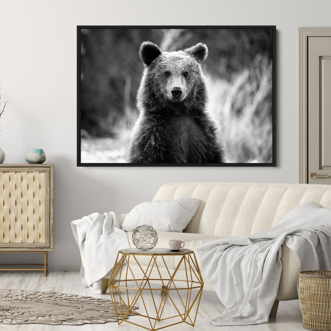 Grizzly Bear Wall Art Canvas Print, Framed Black White Bear Art Picture Print, Wild Bear Perfect Rustic Wildlife Decor