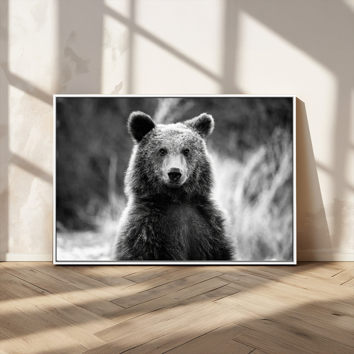 MGV-FC-36X24 - Grizzly Bear Wall Art Canvas Print, Framed Black White Bear Art Picture Print, Wild Bear Perfect Rustic Wildlife Decor Artwork