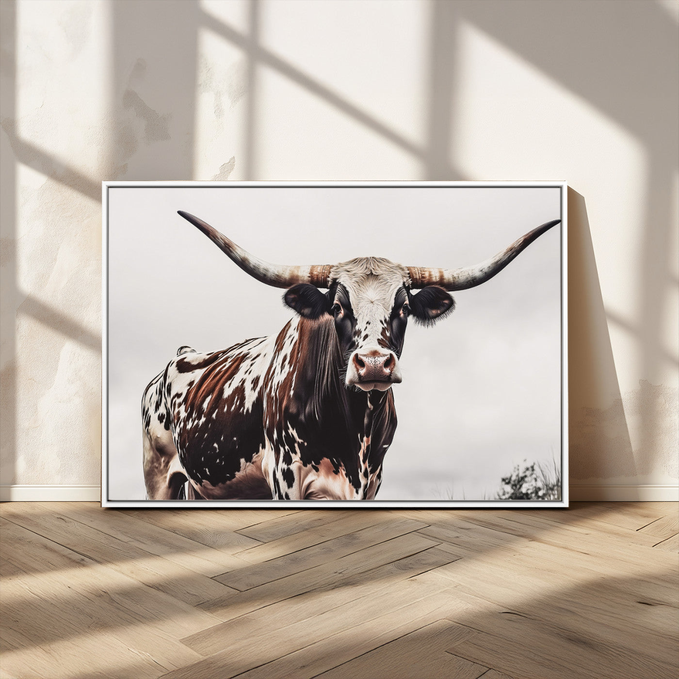 Close-up of a Texas Longhorn bull with powerful horns, perfect for rustic farmhouse or country-themed home decor. Ideal for animal lovers.