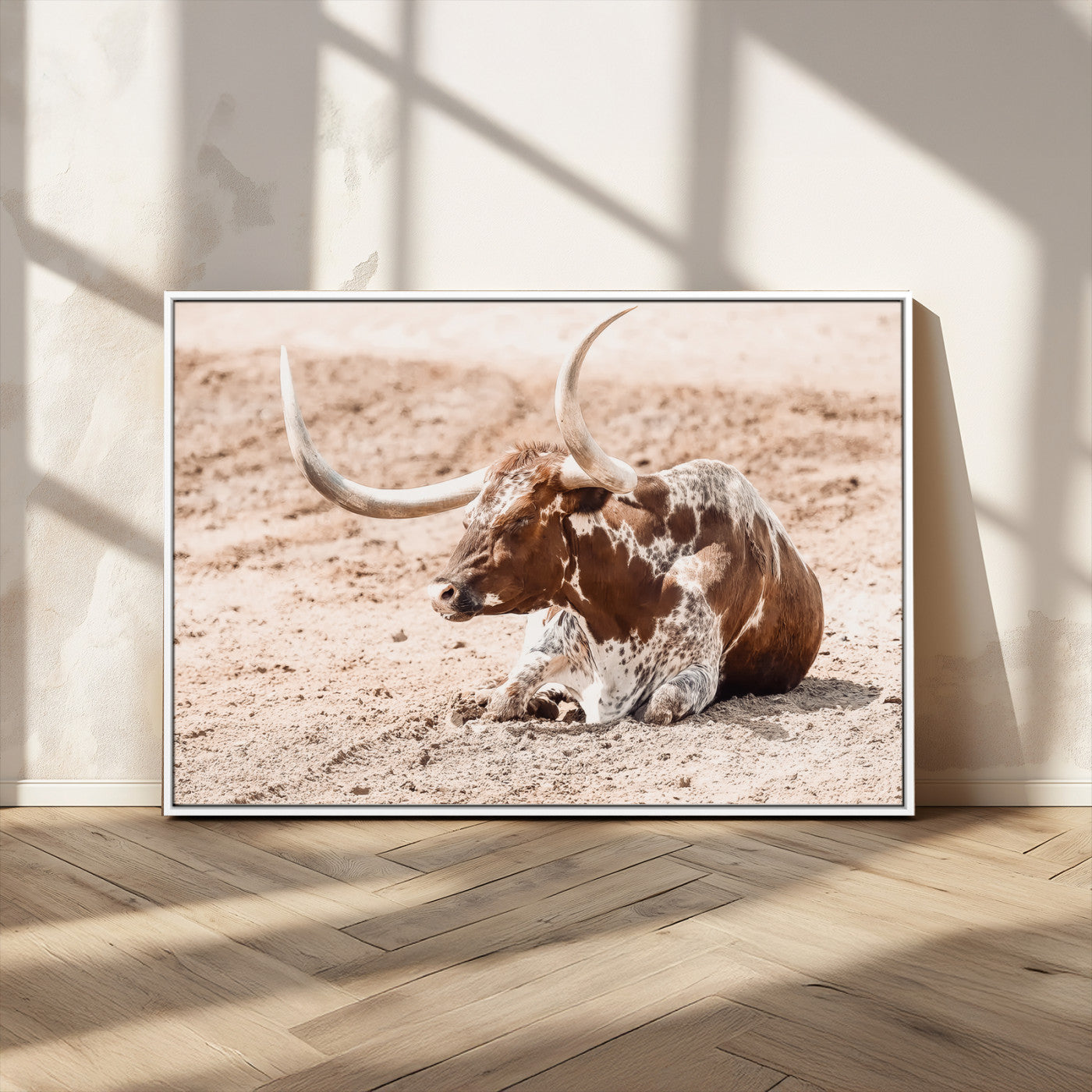Texas Longhorn bull resting on dusty ground with warm tones, ideal for rustic western or farmhouse-themed wall decor.