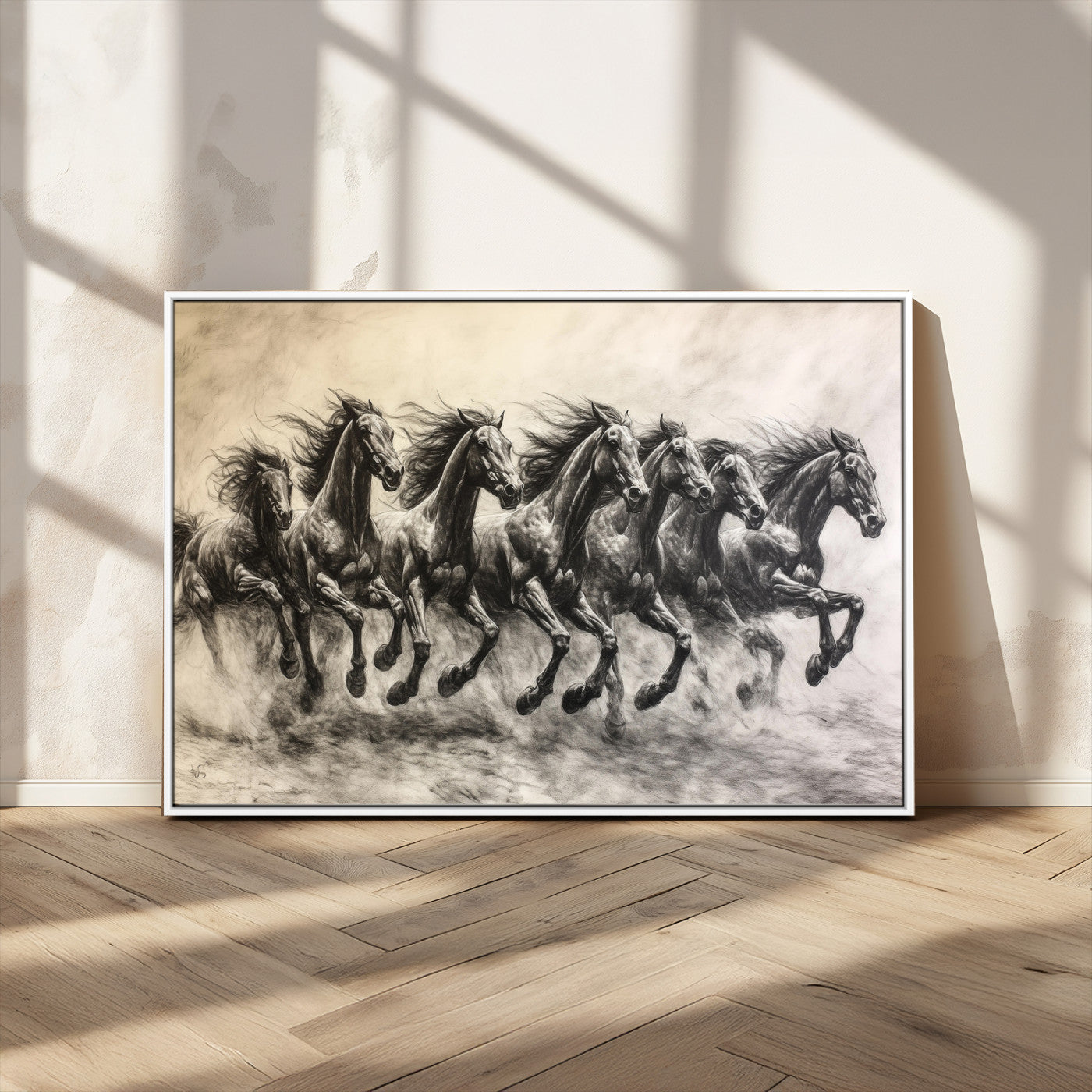 Monochrome drawing of a herd of galloping horses, perfect for dynamic and wild-themed decor in any equestrian or nature-inspired room.